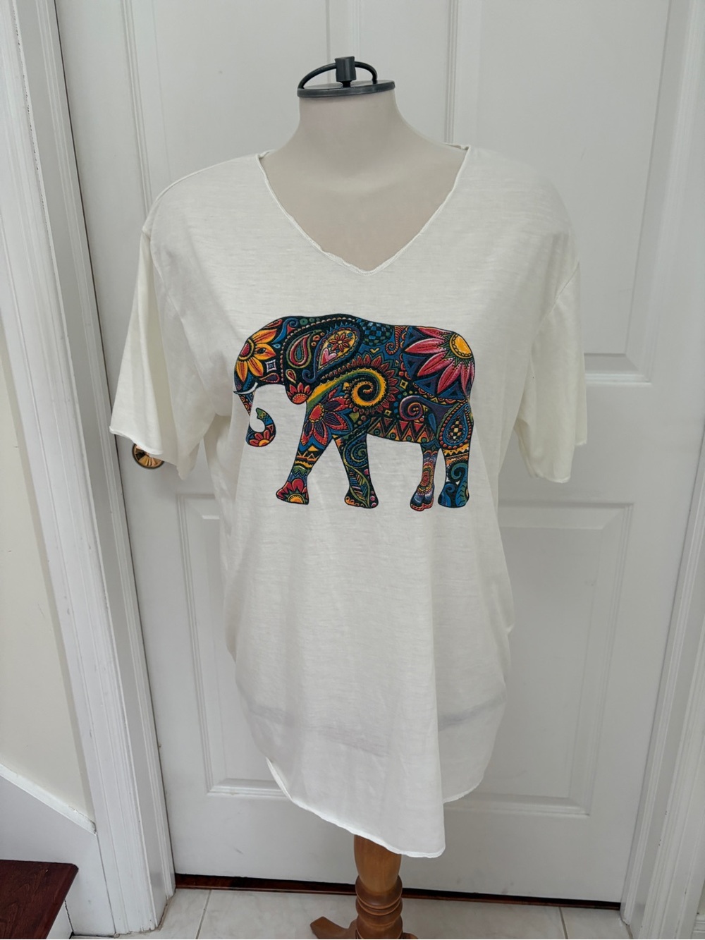 Cream V-Neck Swim Coverup with Colorful Paisley Elephant ladies XXL